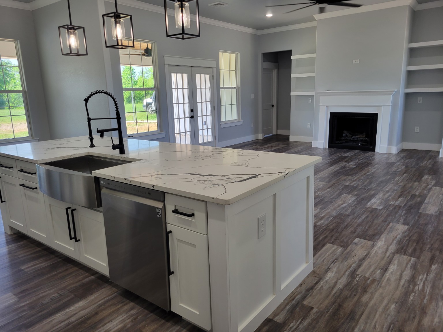 Bright completed kitchen and living room remodel